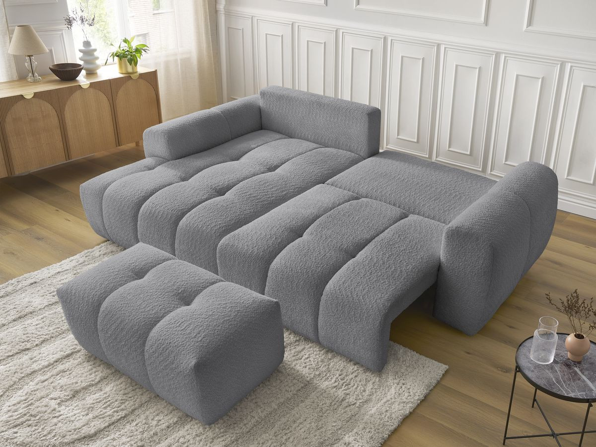 Bobochic Roxelane Ecksofa mit Schlaffunktion und Bettkasten und Pouf 258 × 150 cm Bouclé-Stoff Dunkelgrau Ecke links