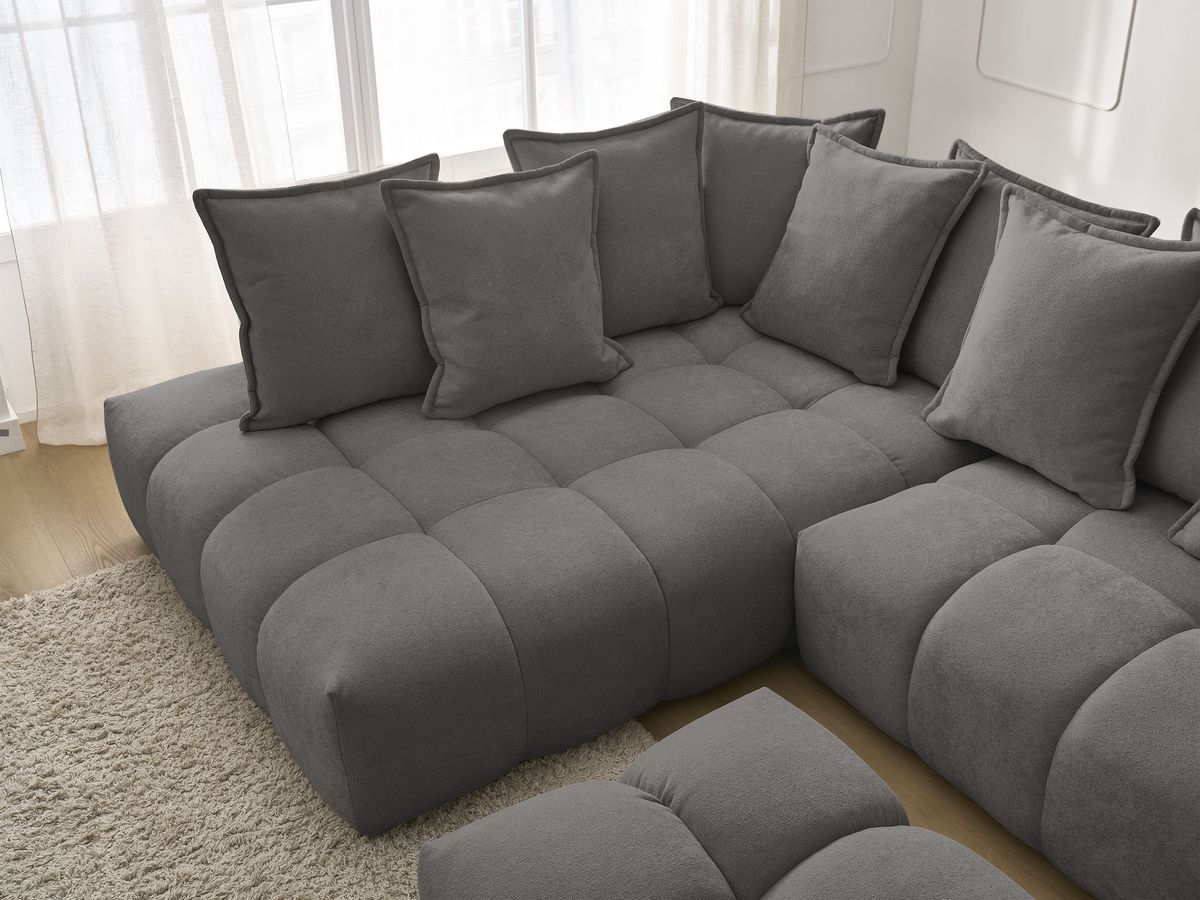 Bobochic Everest Ecksofa mit Schlaffunktion und Bettkasten und Pouf 320 × 212 cm, 10 Kissen Strukturstoff Dunkelgrau Ecke links