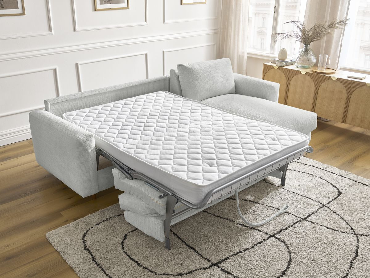 Bobochic Cocoone Ecksofa mit Schlaffunktion und Bettkasten Strukturstoff Hellgrau, Liegefläche 160 × 200 cm
