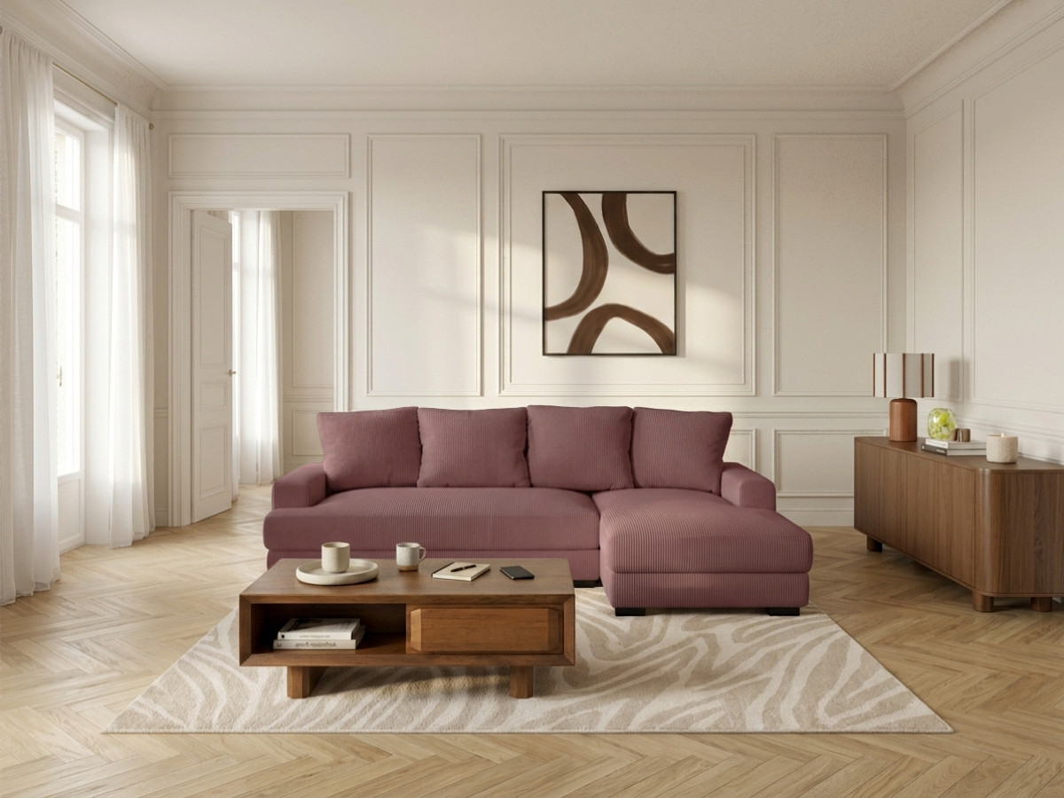 Bobochic Campi Ecksofa mit Schlaffunktion und Bettkasten Cordsamt Rosa Ecke rechts