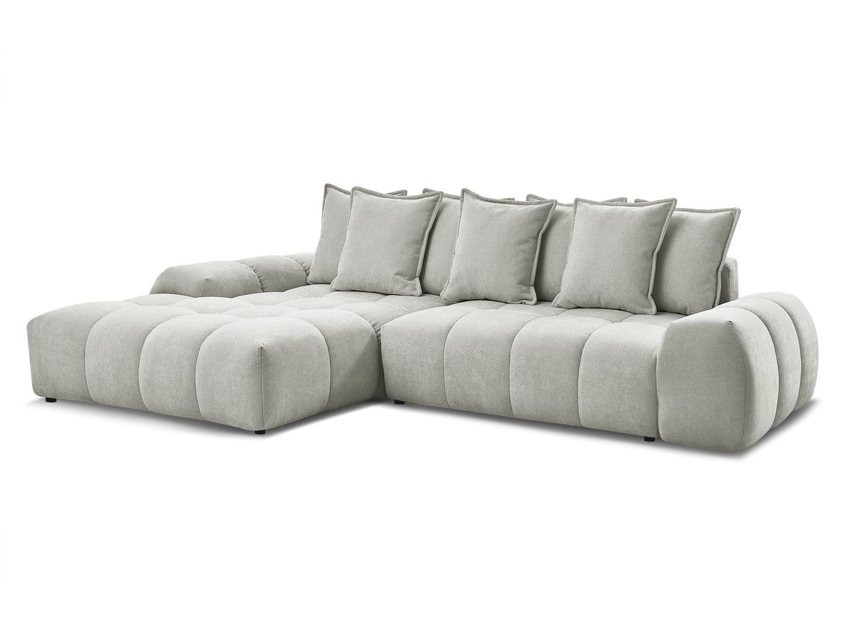 Bobochic Everest Ecksofa mit Schlaffunktion und Bettkasten 318 × 180 cm, 7 Kissen Strukturstoff Hellgrau Ecke links