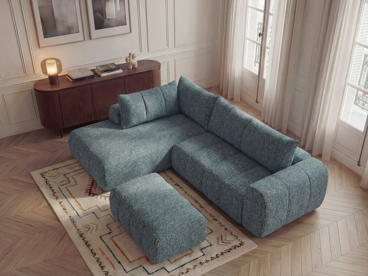 Bobochic Nesty Ecksofa in L-Form, 256 cm, mit Pouf Melange-Stoff Blau Ecke links