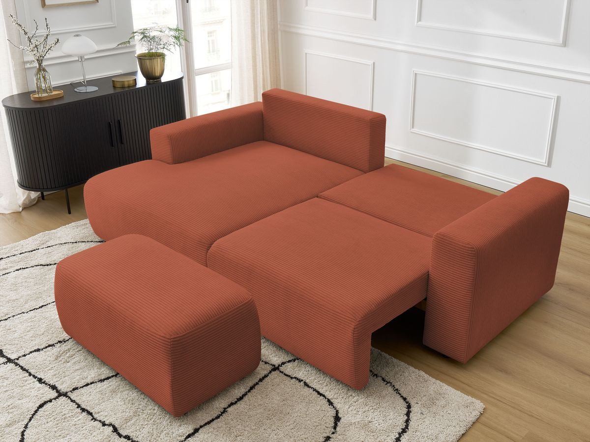 Bobochic Atilla Ecksofa mit Schlaffunktion und Bettkasten und Pouf Cordsamt Orange Ecke links