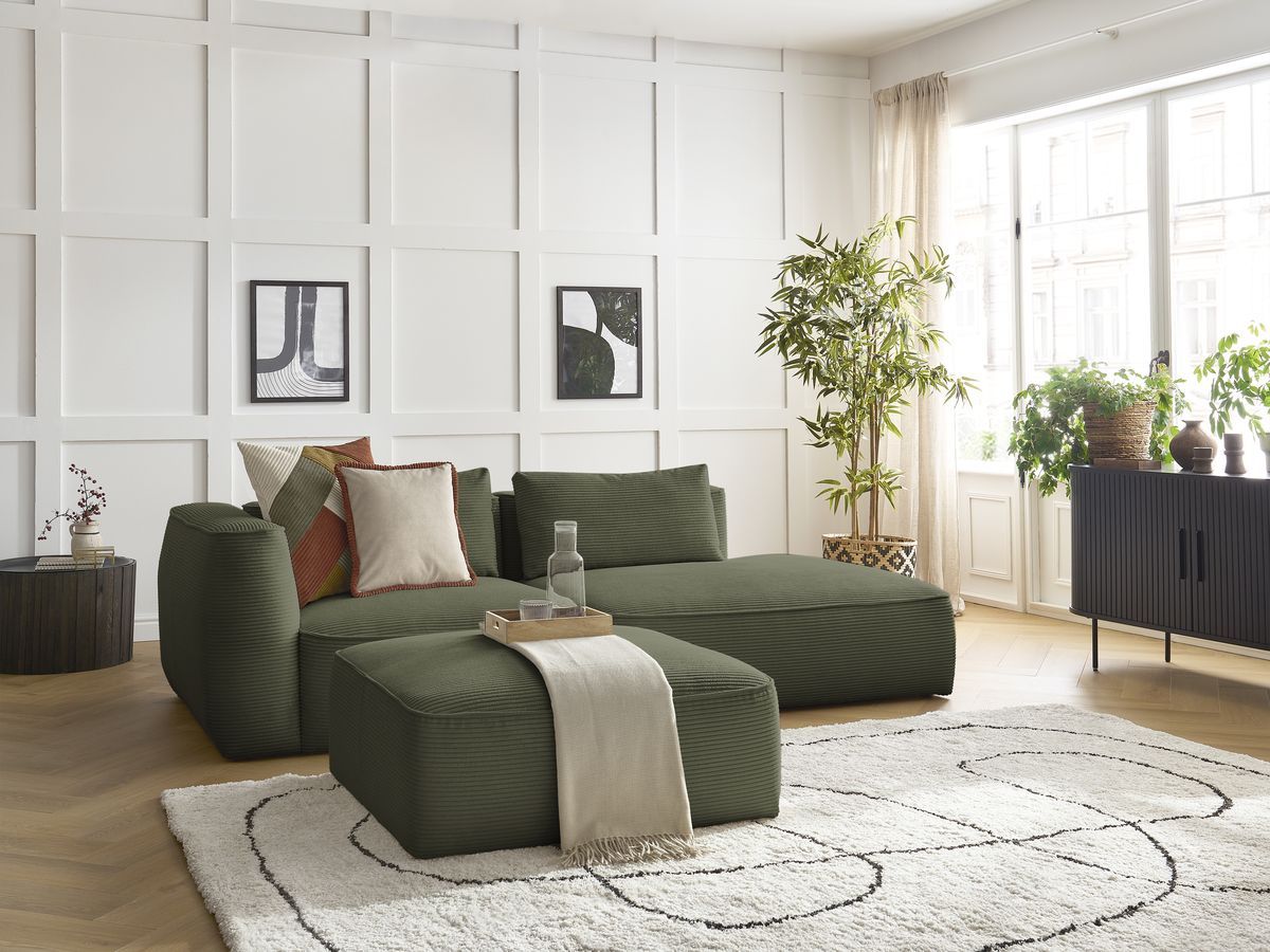 Bobochic Leopold Sofa 4-Sitzer mit Pouf Cordsamt Hellgrün Armlehne links