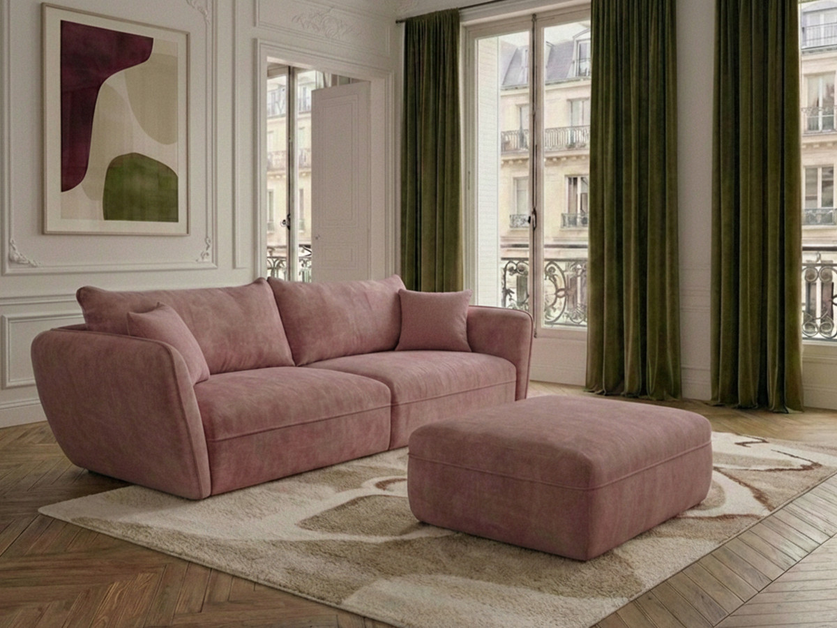 Bobochic Luigi Sofa 3-Sitzer mit Pouf Strukturstoff Rosa