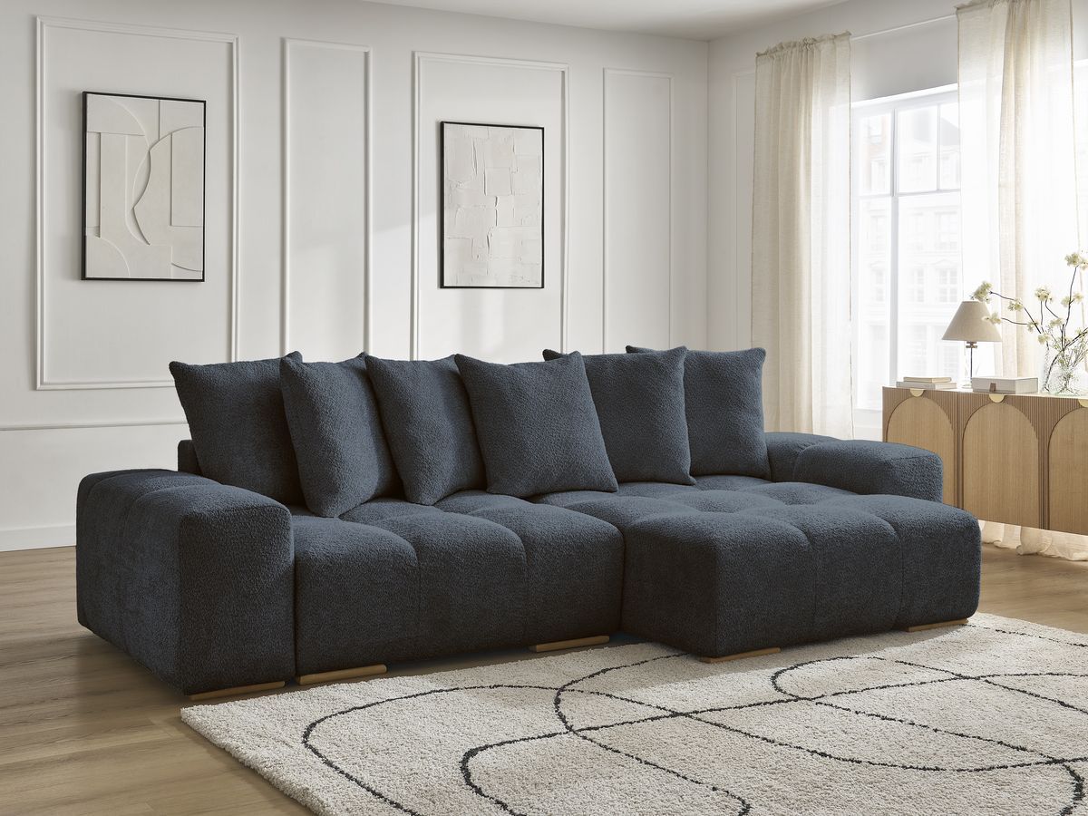 Bobochic Anakin Ecksofa, 6 Kissen Bouclé-Stoff Dunkelblau