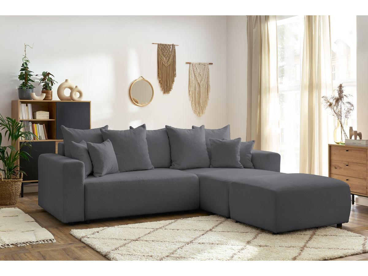 Bobochic Envy Ecksofa mit Schlaffunktion und Bettkasten und rechteckigem Pouf Bouclé-Stoff Dunkelgrau