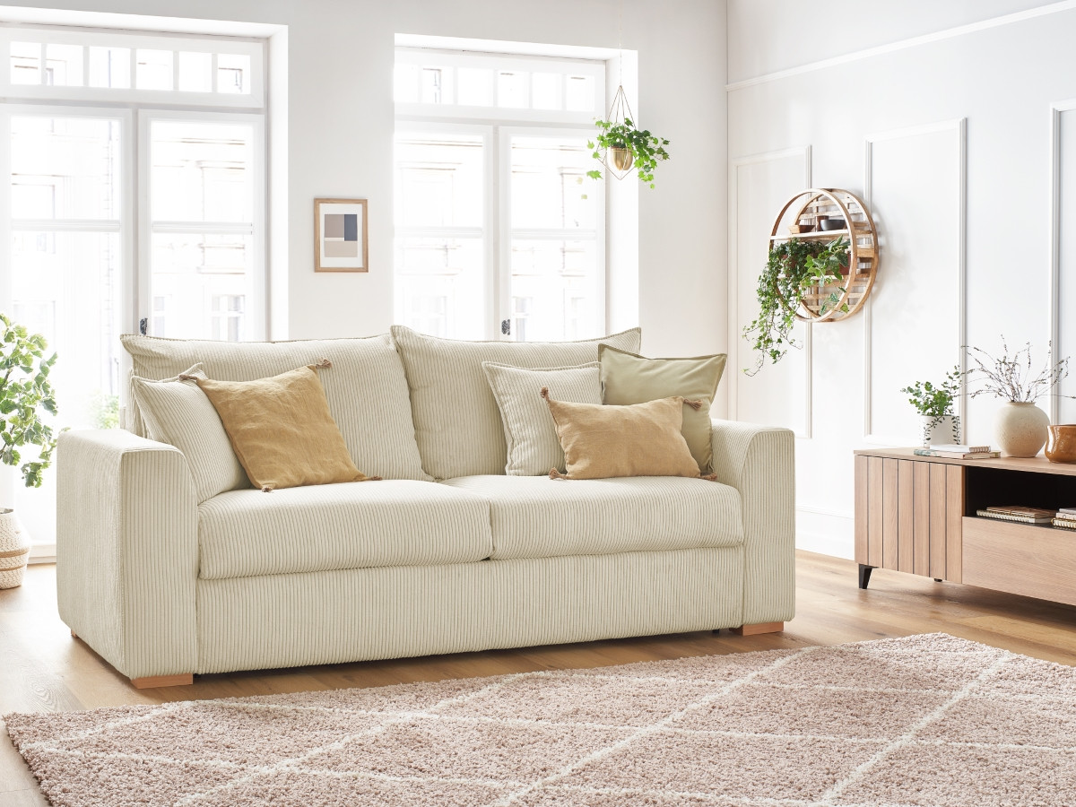 Bobochic Augustin Schlafsofa 3-Sitzer Cordsamt Beige, Liegefläche 160 × 200 cm
