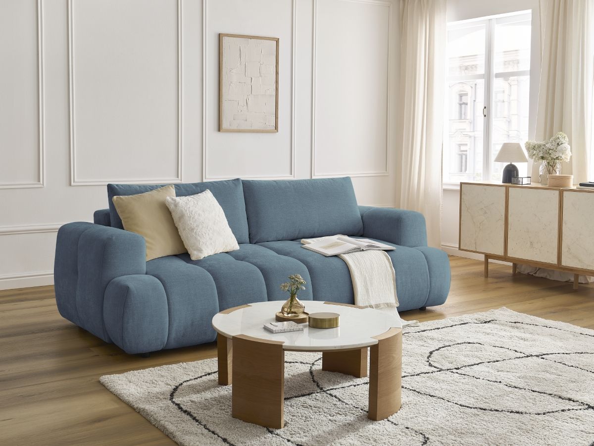 Bobochic Fuji Schlafsofa 3-Sitzer mit Bettkasten Stoff Hellblau