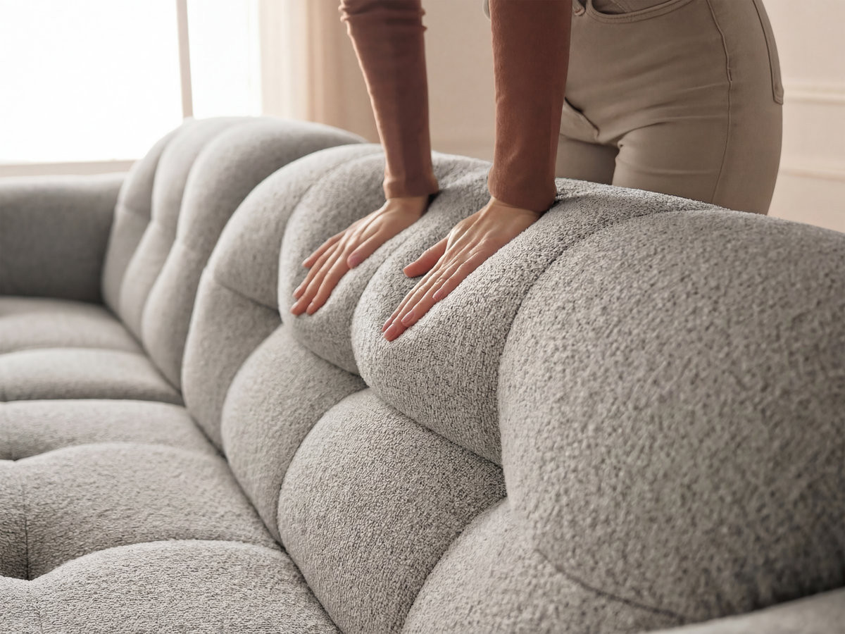 Bobochic Laura Ecksofa mit großem Pouf Melange-Stoff Taupe Ecke links