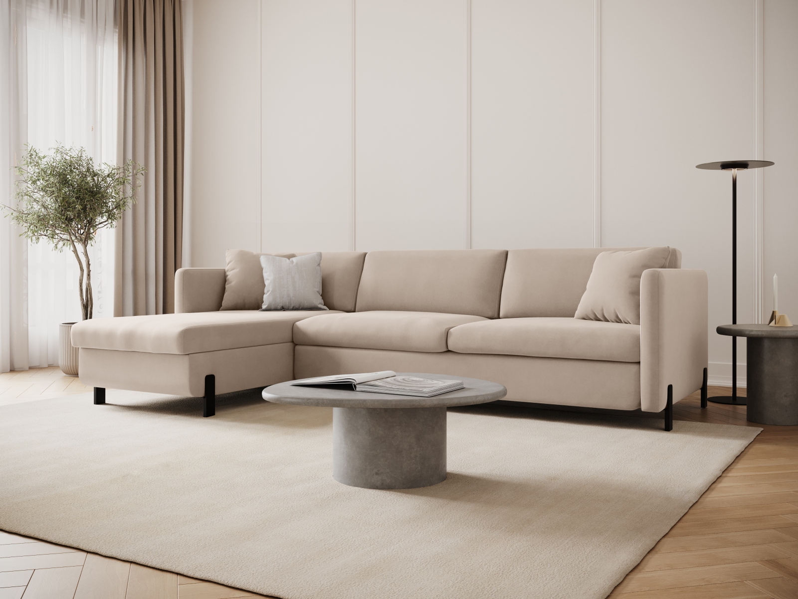 Micadoni Schlaf-Ecksofa Gloria 5-Sitzer Links Samt Beige 205x160