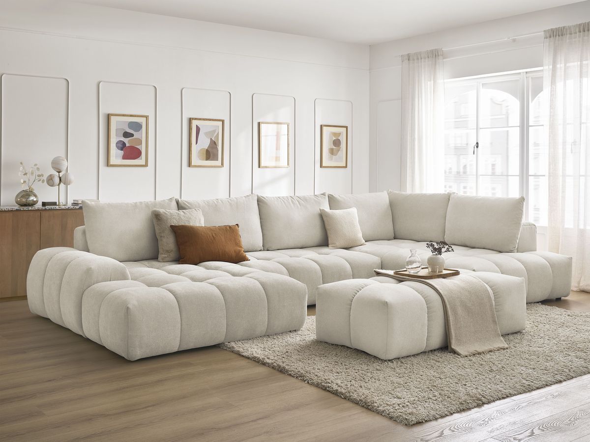 Bobochic Everest Wohnlandschaft mit Pouf, 6 Kissen Strukturstoff Beige Ecke links