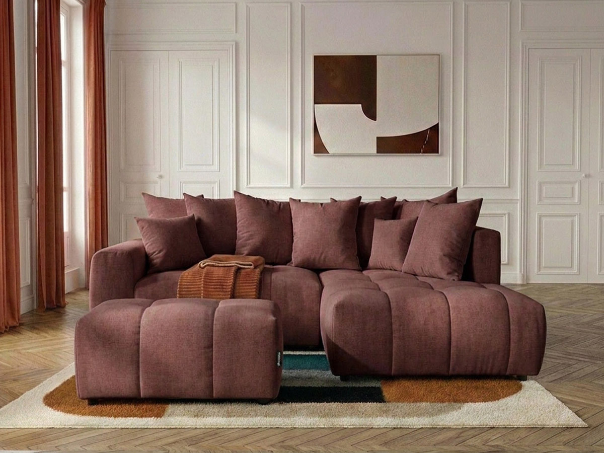 Bobochic Roxelane Ecksofa mit Schlaffunktion und Bettkasten und Pouf Melange-Stoff Rot Ecke rechts