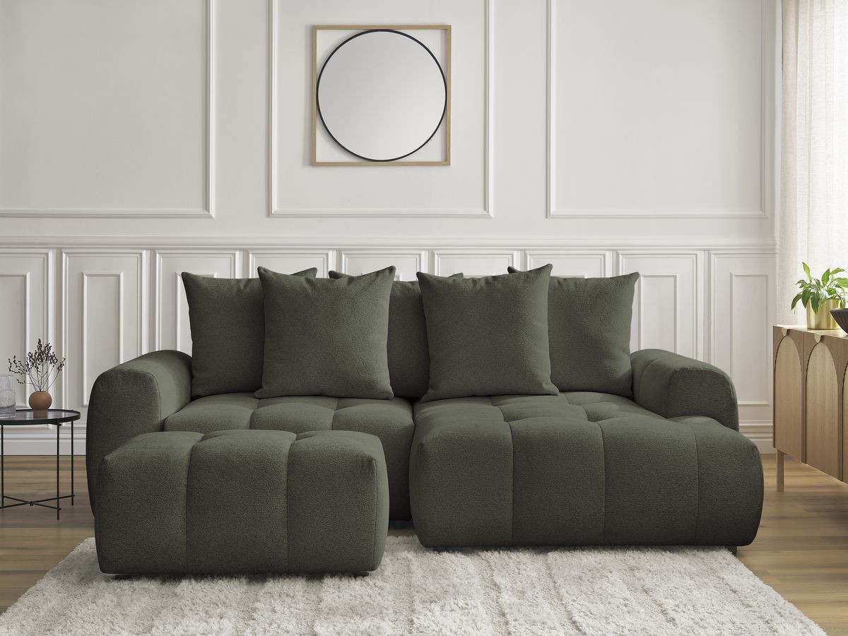 Bobochic Roxelane Ecksofa mit Schlaffunktion und Bettkasten und Pouf 258 × 150 cm Melange-Stoff Grün Ecke rechts