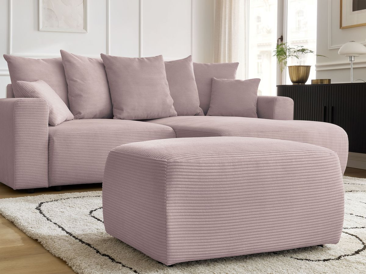 Bobochic Atilla Ecksofa mit Schlaffunktion und Bettkasten und Pouf Cordsamt Violett Ecke rechts