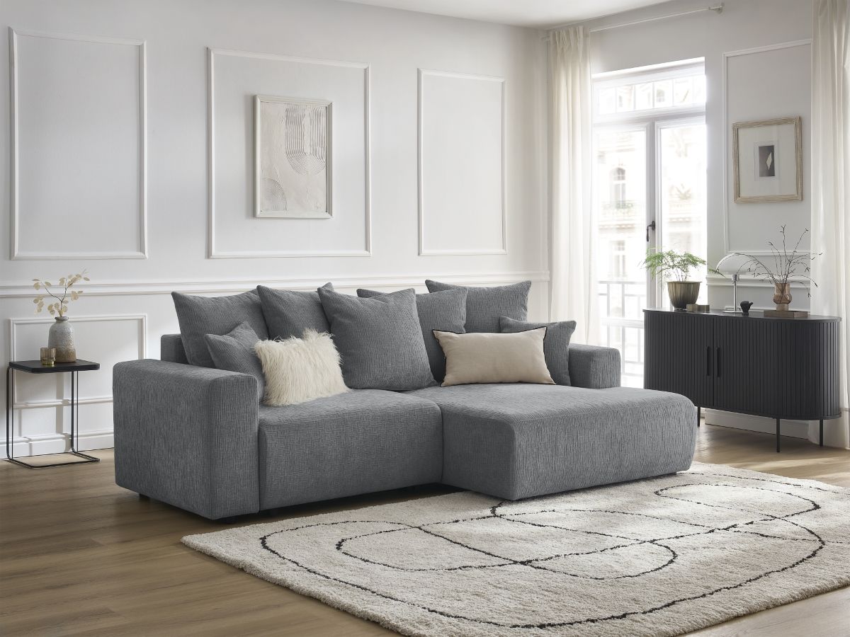 Bobochic Atilla Ecksofa mit Schlaffunktion und Bettkasten Strukturstoff Dunkelgrau Ecke rechts