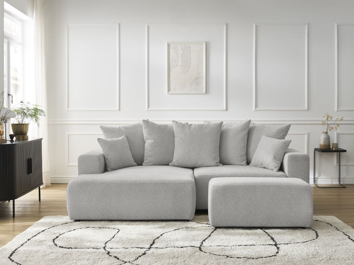 Bobochic Atilla Ecksofa mit Schlaffunktion und Bettkasten und Pouf Melange-Stoff Hellgrau Ecke links