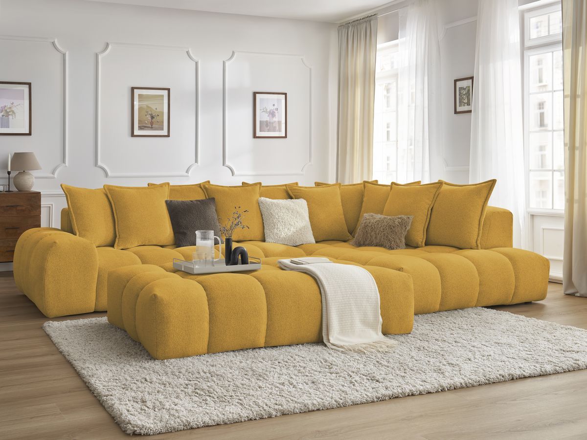 Bobochic Everest Ecksofa mit Schlaffunktion und Pouf, 10 Kissen Melange-Stoff Gelb Ecke rechts