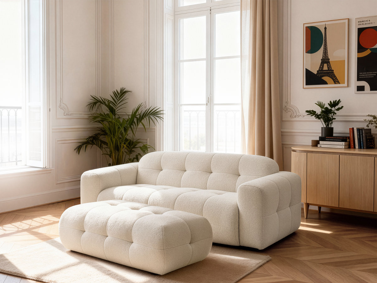 Bobochic Laura Sofa 3-Sitzer mit großem Pouf Melange-Stoff Beige