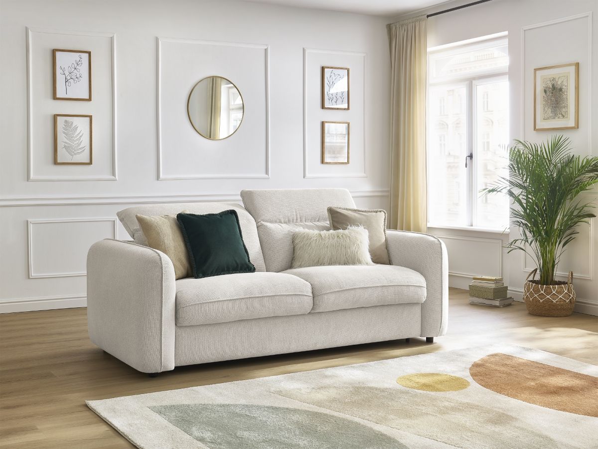 Bobochic Achille Schlafsofa 3-Sitzer Melange-Stoff Weiß, Liegefläche 140 × 200 cm
