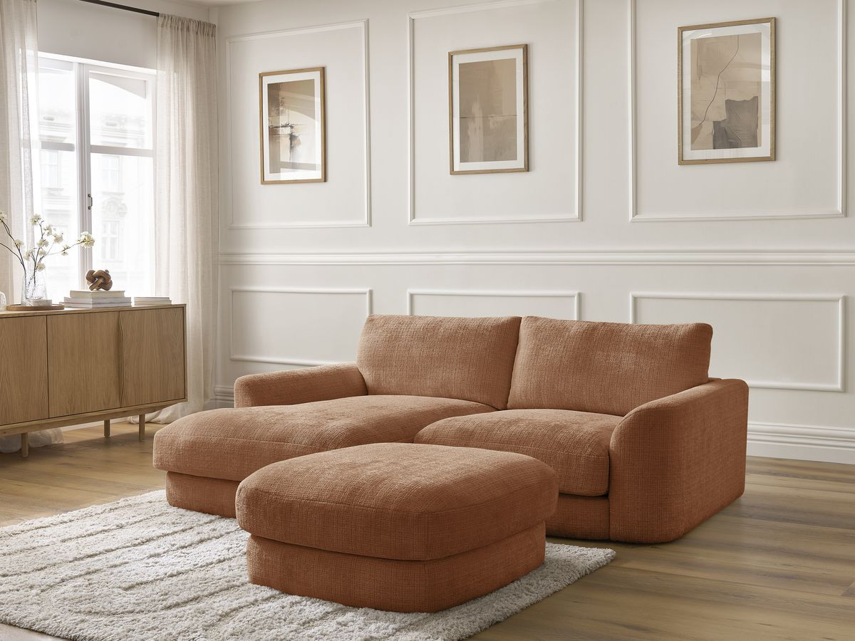 Bobochic Leonore Ecksofa mit Pouf Strukturstoff Orange Ecke links