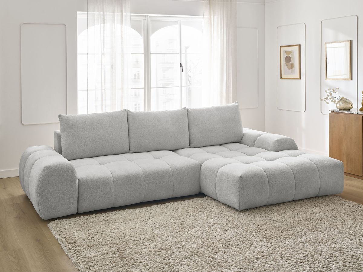 Bobochic Everest Ecksofa mit Schlaffunktion und Bettkasten 318 × 180 cm, 3 Kissen Melange-Stoff Hellgrau Ecke rechts