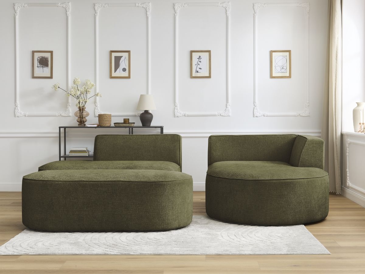 Bobochic Rousseau Ecksofa mit Pouf Strukturstoff Grün Ecke rechts