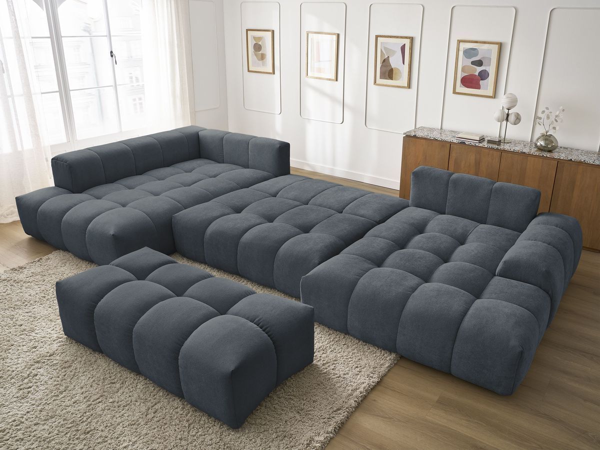 Bobochic Everest Wohnlandschaft mit Pouf, 6 Kissen Strukturstoff Dunkelblau Ecke rechts