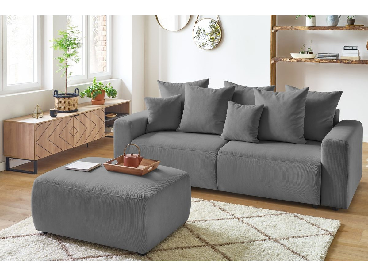 Bobochic Envy Schlafsofa 3-Sitzer mit Bettkasten und Pouf Cordsamt Dunkelgrau