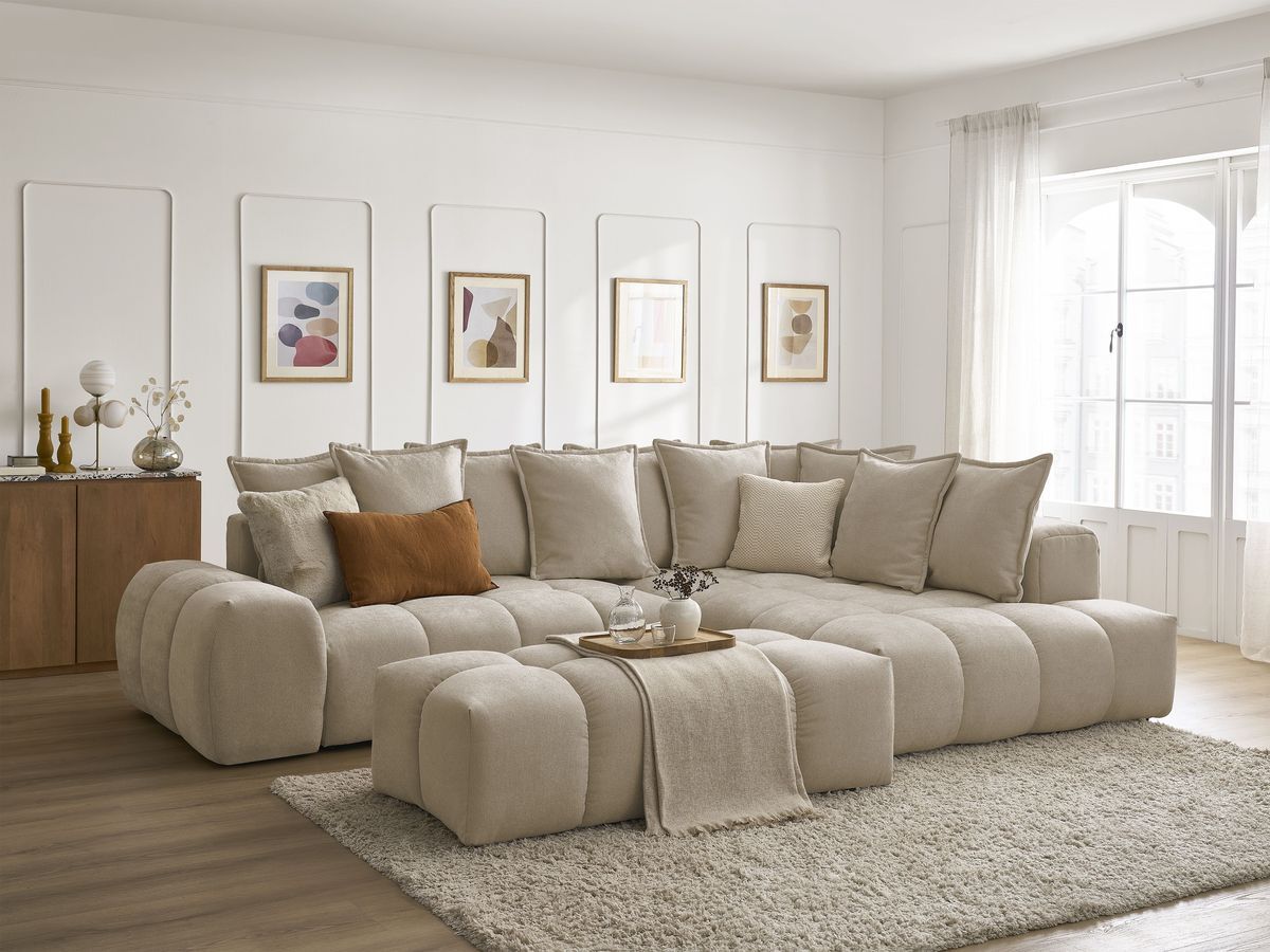 Bobochic Everest Ecksofa mit Schlaffunktion und Bettkasten und Pouf 320 × 212 cm, 10 Kissen Strukturstoff Taupe Ecke rechts