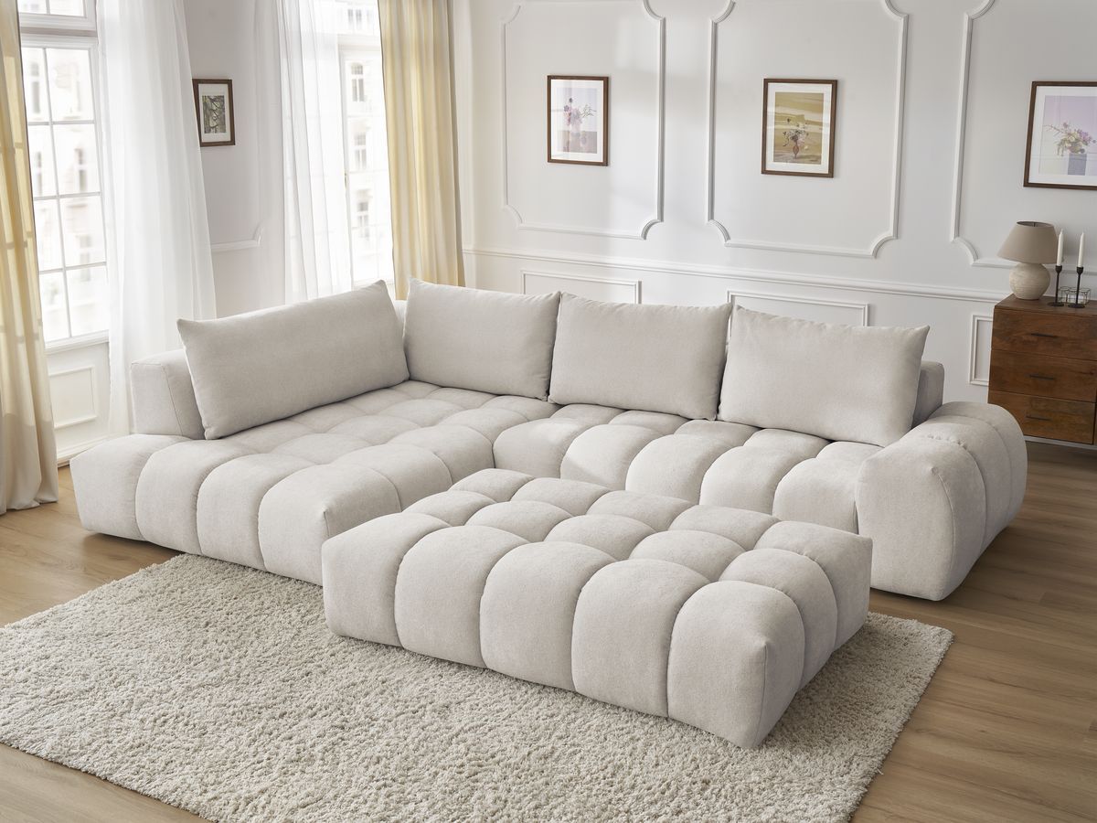 Bobochic Everest Ecksofa mit Schlaffunktion und Pouf, 4 Kissen Strukturstoff Beige Ecke links