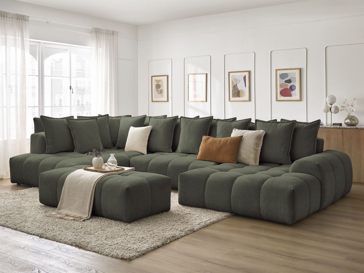 Bobochic Everest Wohnlandschaft mit Pouf, 14 Kissen Melange-Stoff Grün Ecke rechts