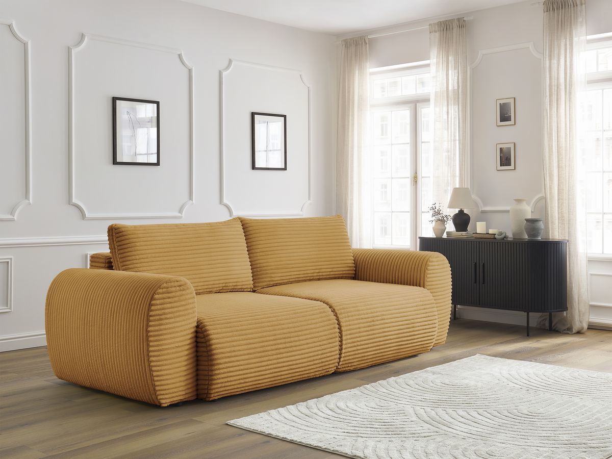 Bobochic Lucien Schlafsofa 3-Sitzer mit Bettkasten Breitcord weich Gelb