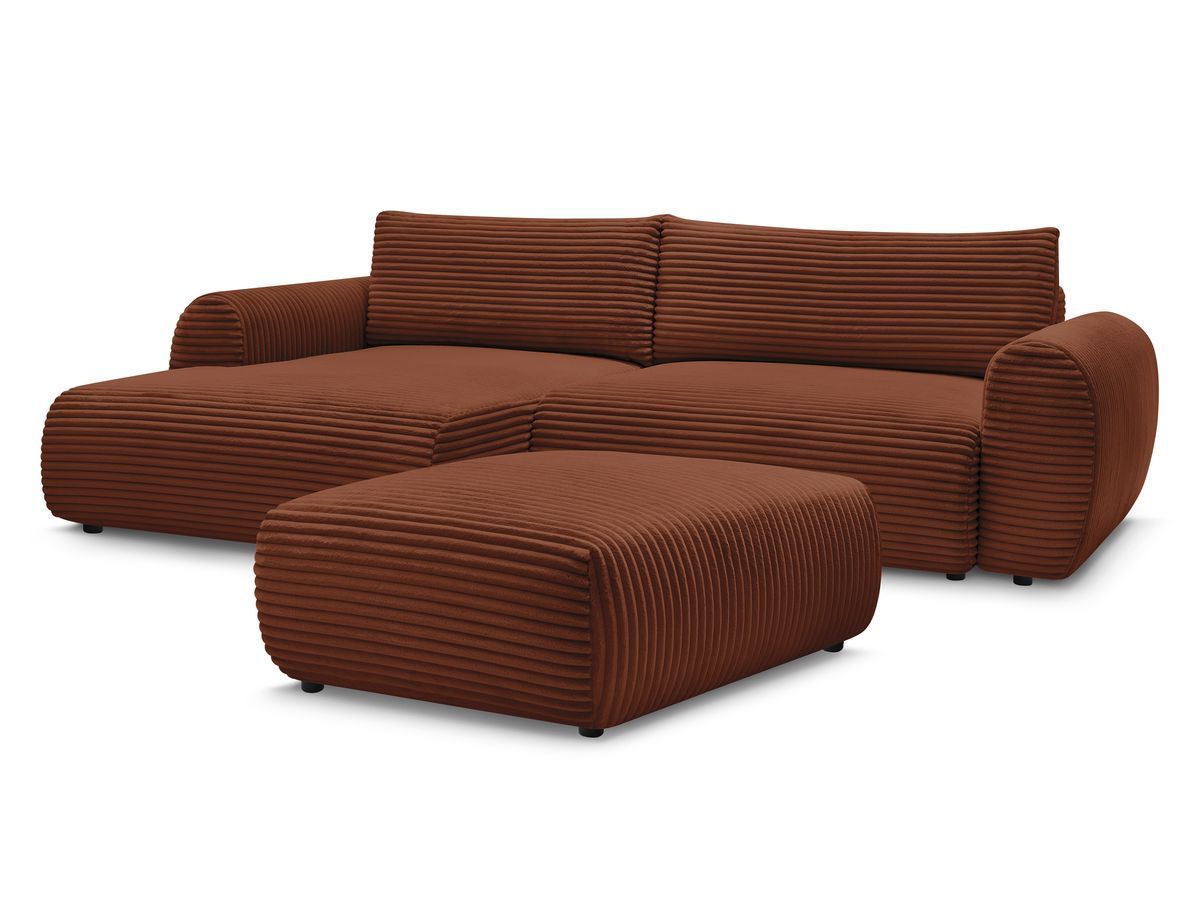 Bobochic Lucien Ecksofa mit Schlaffunktion und Bettkasten und Pouf 314 × 167 cm Breitcord weich Orange Ecke links