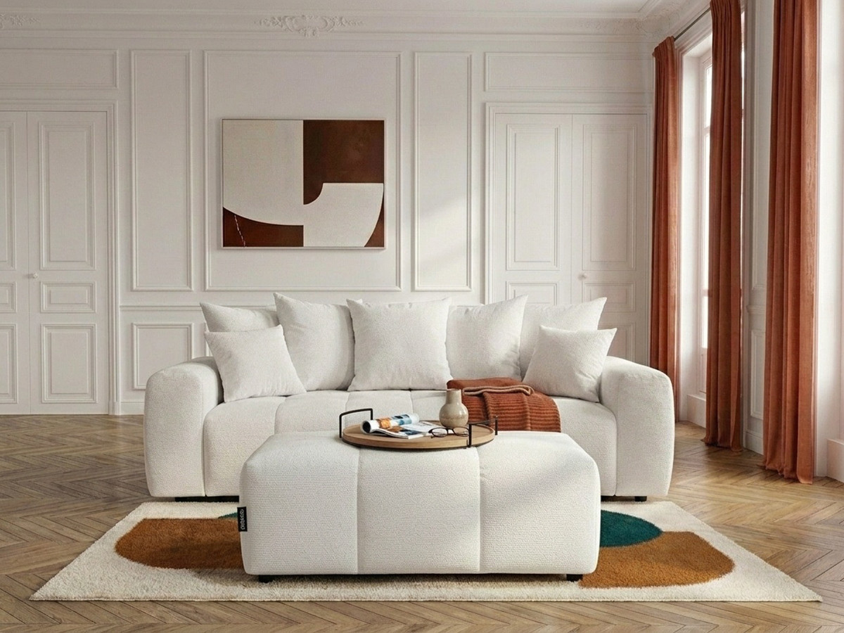 Bobochic Roxelane Schlafsofa 3-Sitzer mit Bettkasten und Pouf Melange-Stoff Weiß
