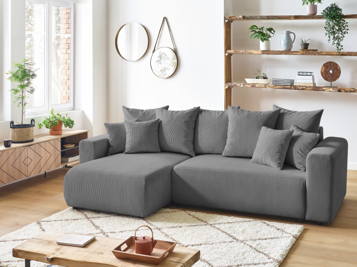 Bobochic Envy Ecksofa mit Schlaffunktion und Bettkasten Cordsamt Dunkelgrau