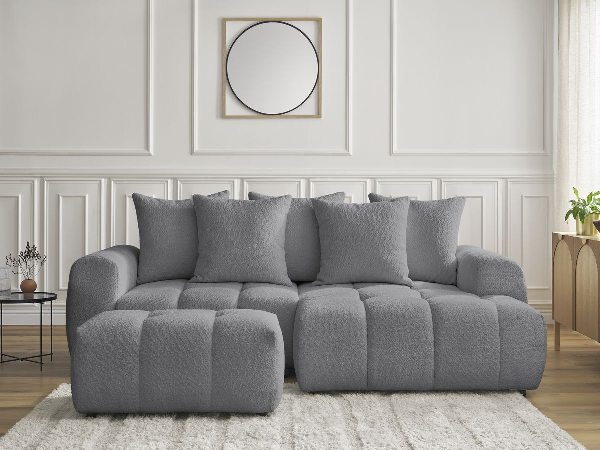 Bobochic Roxelane Ecksofa mit Schlaffunktion und Bettkasten und Pouf 258 × 150 cm Bouclé-Stoff Dunkelgrau Ecke rechts