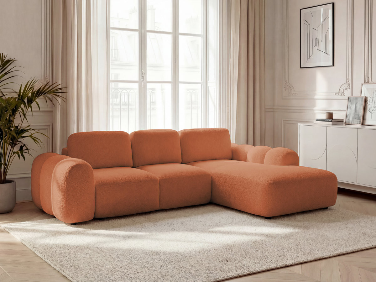 Bobochic Montaigne Ecksofa mit Schlaffunktion und Bettkasten 288 × 196 cm Bouclé-Stoff Orange Ecke rechts
