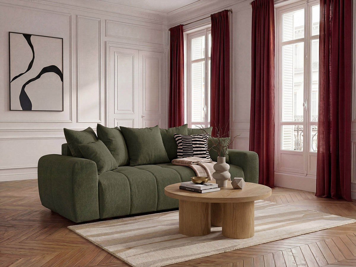 Bobochic Roxelane Schlafsofa 3-Sitzer mit Bettkasten Melange-Stoff Grün