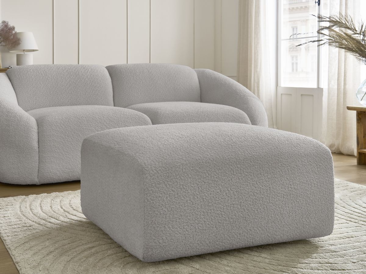 Bobochic Tina Sofa 3-Sitzer mit Pouf Bouclé-Stoff Hellgrau