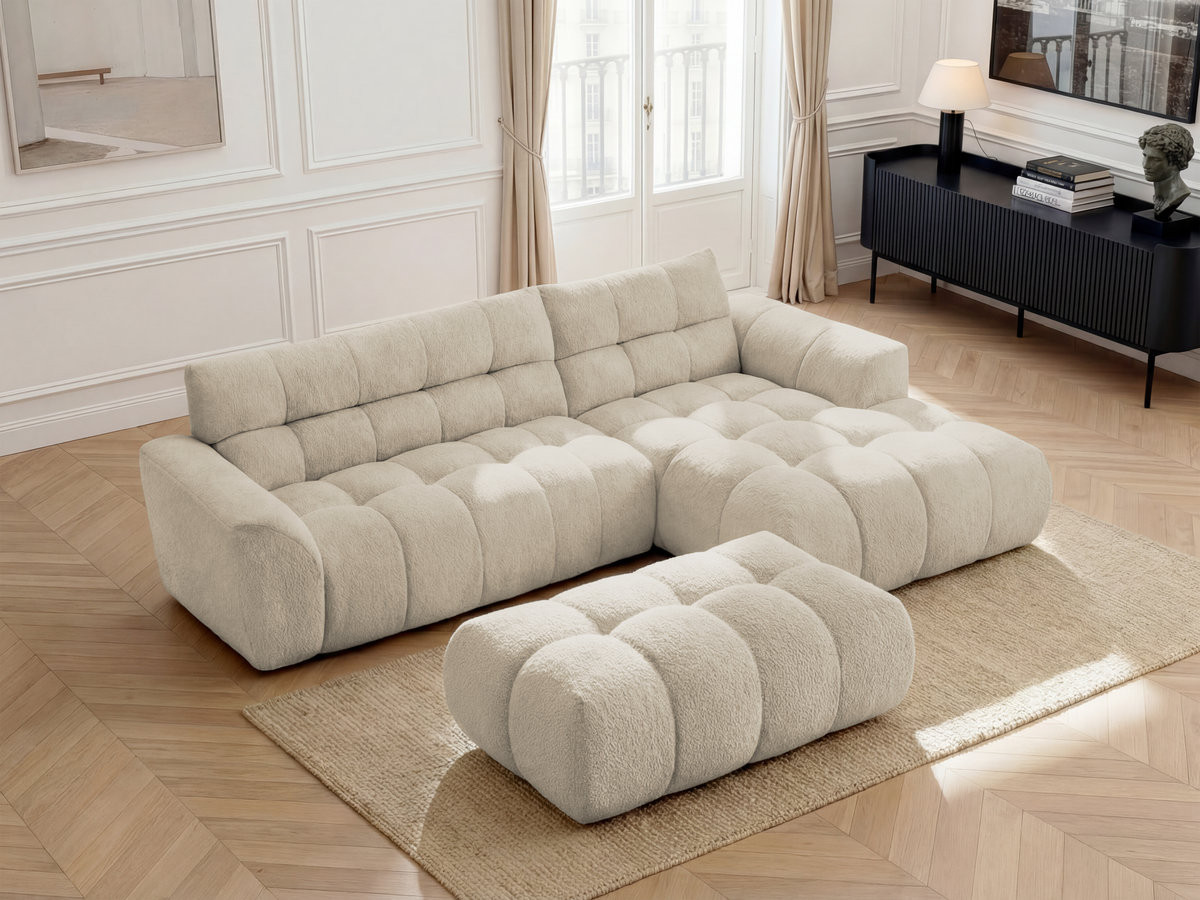 Bobochic Jaya Ecksofa mit Pouf Chenille Beige Ecke rechts