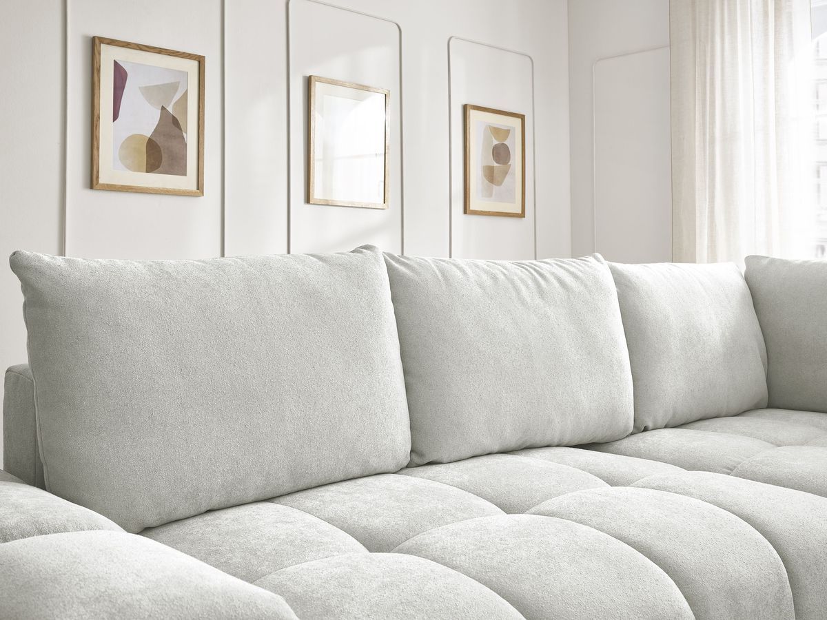 Bobochic Everest Ecksofa mit Schlaffunktion und Bettkasten 320 × 212 cm, 5 Kissen Strukturstoff Hellgrau Ecke rechts