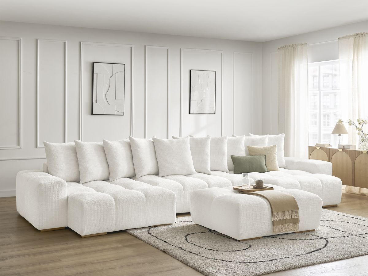 Bobochic Anakin Wohnlandschaft mit Pouf, 10 Kissen Strukturstoff Weiß