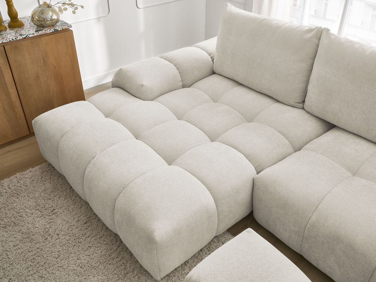 Bobochic Everest Ecksofa mit Schlaffunktion und Bettkasten und Pouf 318 × 180 cm, 3 Kissen Strukturstoff Beige Ecke links