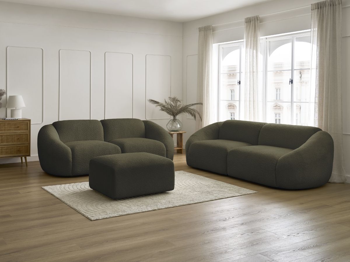 Bobochic Tina Sofa 6-Sitzer mit Pouf Bouclé-Stoff Grün