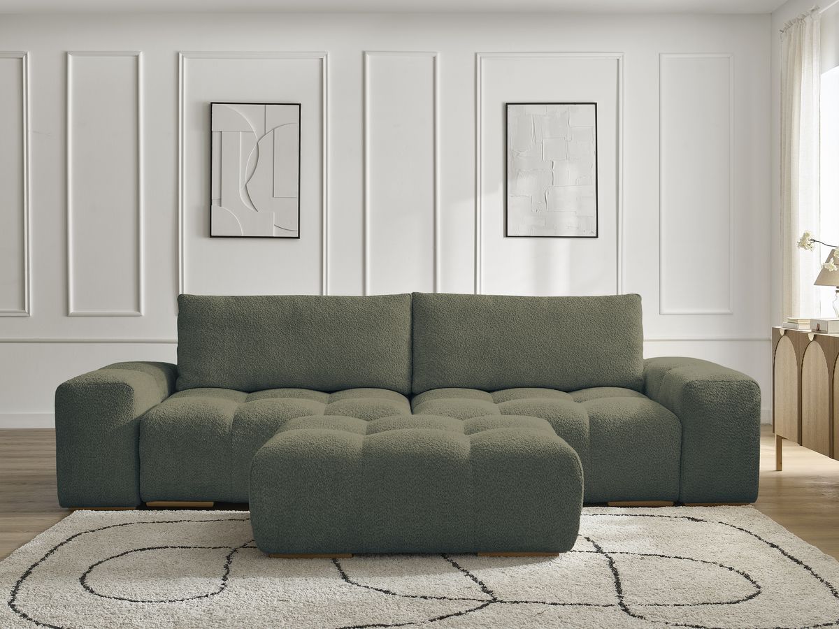 Bobochic Anakin Sofa 3-Sitzer mit Pouf, 2 Kissen Bouclé-Stoff Grün