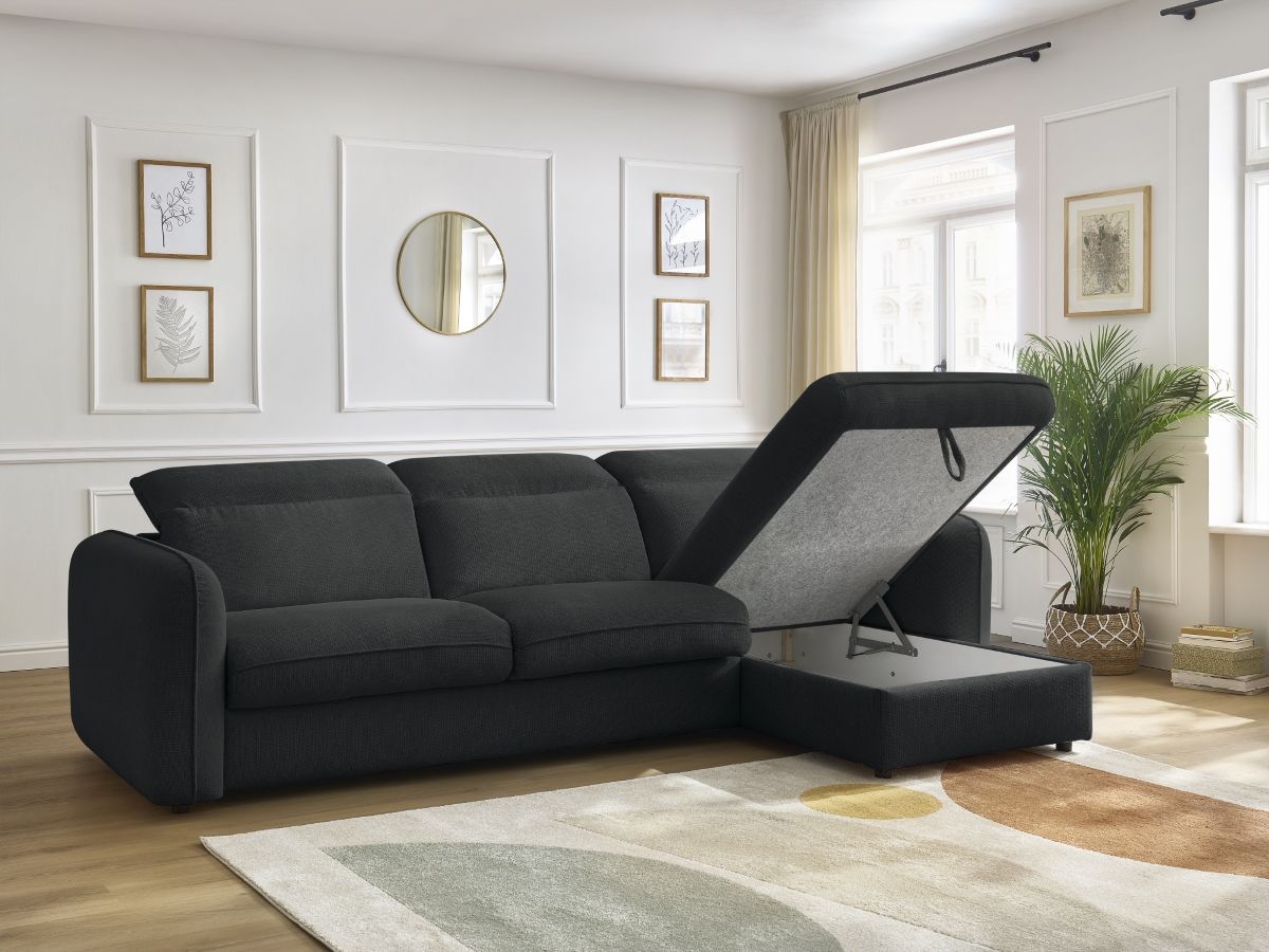 Bobochic Achille Ecksofa mit Schlaffunktion und Bettkasten Melange-Stoff Schwarz, Liegefläche 160 × 200 cm