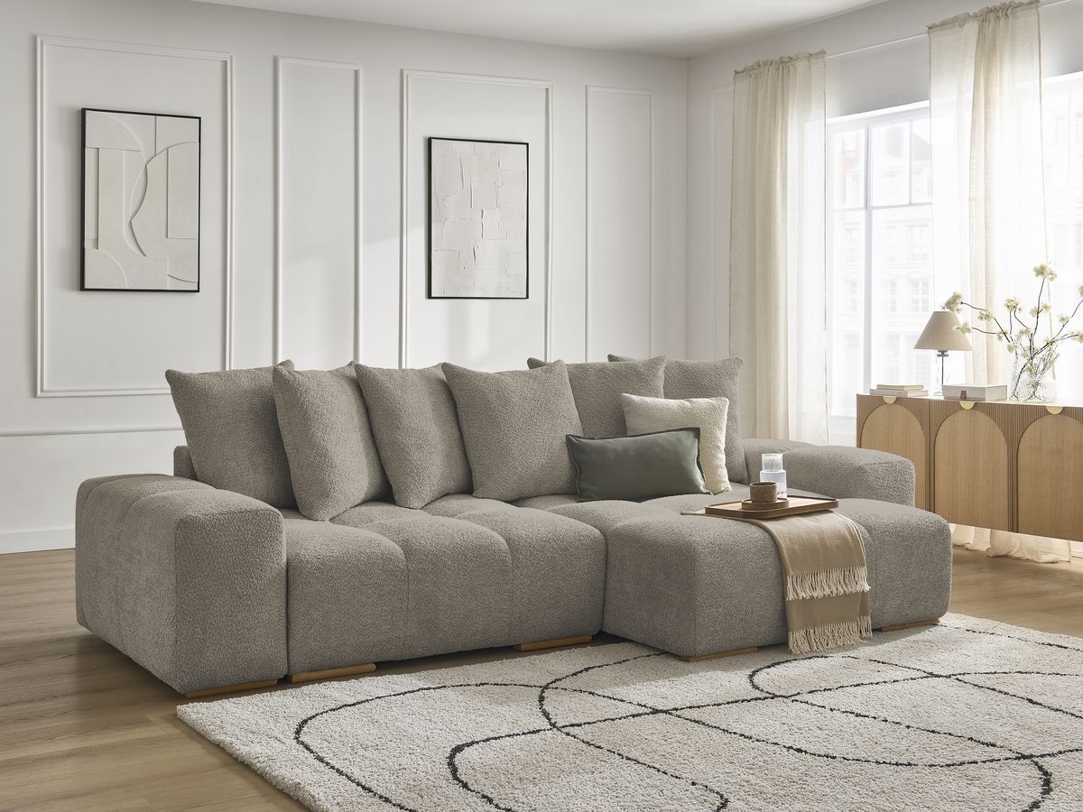 Bobochic Anakin Ecksofa, 6 Kissen Bouclé-Stoff Taupe