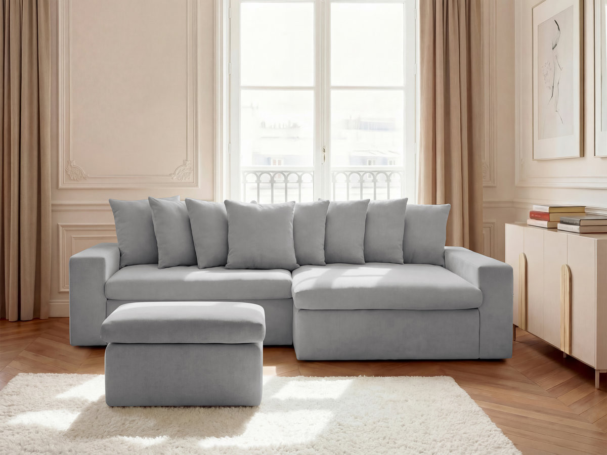 Bobochic Enore Ecksofa mit Pouf Stoff Hellgrau Ecke rechts