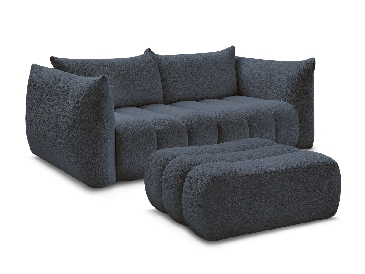 Bobochic Azra Sofa 3-Sitzer mit Pouf Bouclé-Stoff Dunkelblau